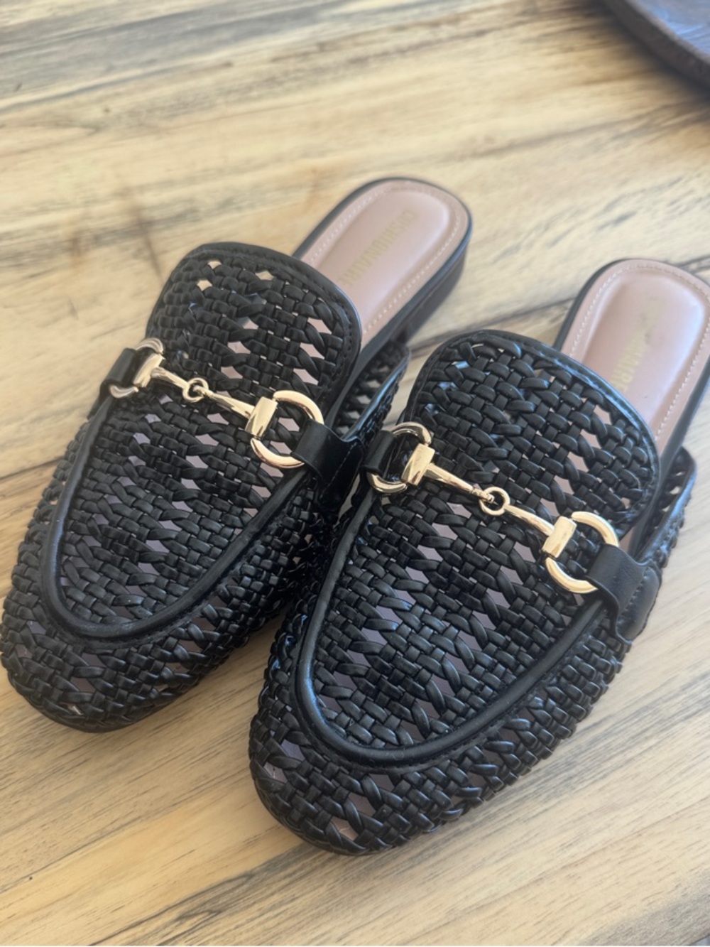 Black Woven Slip-On Mule with Gold Horsebit Accent